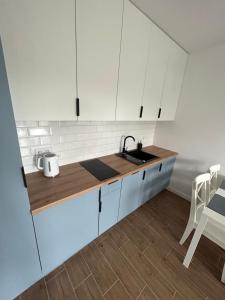 罗威Apartament za wydmami的厨房配有白色橱柜和水槽