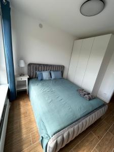 罗威Apartament za wydmami的一间卧室配有一张带绿色棉被的床