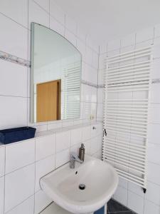 AltenbekenFerienwohnung Fröse的白色的浴室设有水槽和镜子