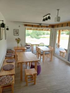 韦特利纳Wetlina Poza Trasą的客房设有木桌、长凳和庭院。