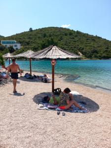 科尔丘拉Relax tiny villas 40 meters of the beach的一群人躺在沙滩上