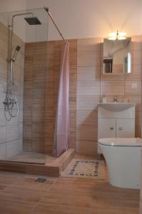PerítheiaAgatha's spacious modern apt-1的带淋浴、卫生间和盥洗盆的浴室