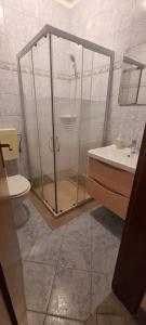 梅杜林Laura Rooms的带淋浴、盥洗盆和卫生间的浴室