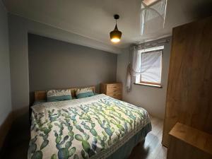 基希讷乌Современная Вилла的一间卧室配有一张带床罩的床和窗户