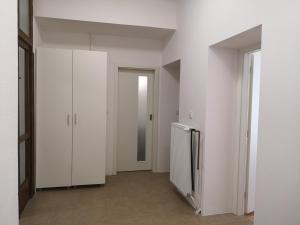 利托梅日采Apartmán Dlouhá 207的走廊设有白色墙壁和冰箱