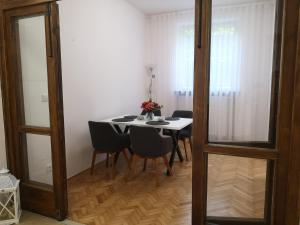 利托梅日采Apartmán Dlouhá 207的一间带桌椅和镜子的用餐室