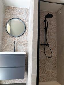 兹沃勒Landgoedhuisje de Blije Uil的浴室设有水槽和墙上的镜子