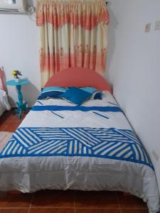 里奥阿查Casa Hostal Perla Roja的一张蓝色和白色的床铺