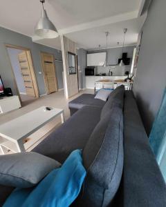 米泽德沃兹Apartament Turkusowy的客厅配有沙发和桌子
