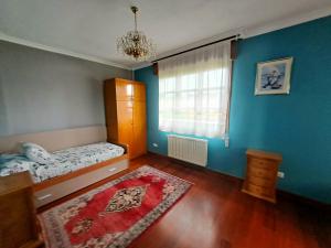 希洪Casa Chalet, Villa Elisa的一间拥有蓝色墙壁的卧室、一张床和窗户