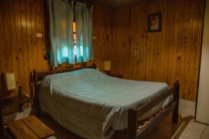 卢汉德库约CABAÑAS DE CHACRAS的卧室配有一张床铺,位于带木墙的房间内