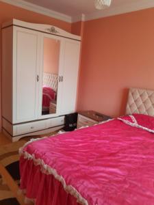 Doğa manzaralı ev的卧室配有粉红色的床和镜子