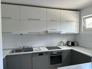 拉克塔希Apartment DUNJA Laktasi的厨房配有白色橱柜和水槽