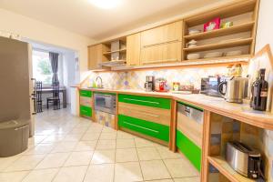 波尔托罗Villa Bellavista I的厨房配有木制橱柜和绿色的柜台。
