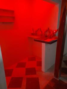 里奥阿查APARTA ESTUDIO PERLA ROJA的红色的房间,设有水槽和红色的墙壁