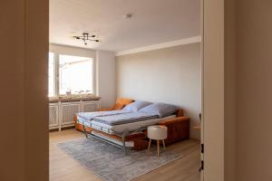 布雷根茨Seeblick Bregenz的一间卧室配有一张床、一张沙发和一个窗口