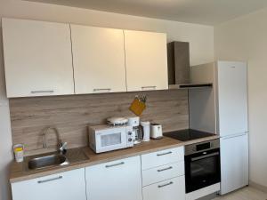 拉巴克Apartments Zahtila - Berto的厨房配有白色橱柜、水槽和微波炉