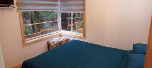 RecintoCabañas el Mirador的一间卧室设有蓝色的床和2个窗户。