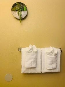 科罗拉多斯普林斯Luxury 2 bedroom rental place with a fireplace的毛巾架上悬挂的一组白色毛巾