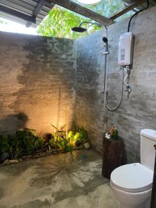 温泉村Kebun Lisdtari farmstay的带淋浴、卫生间和植物的浴室