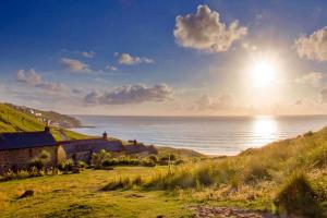 森嫩Petra, Cornish Cottage With lovely Garden, Wow Sea Views, By the Beach的海边小山上的房子