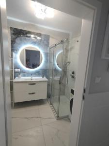 库瑞尼卡慕斯卡Luksusowy Apartament Stella - Port Krynica Morska的带淋浴、盥洗盆和镜子的浴室