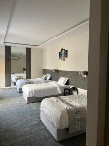 麦地那فيلا ساره的酒店客房,设有三张床和镜子