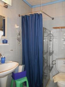 马拉松坎博斯Meltemia Studios的浴室设有蓝色的浴帘和水槽