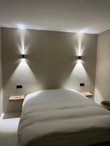 内农河畔罗什福尔Maison Les Roches Cadre unique的卧室配有一张带两盏灯的墙壁床。