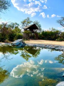 奥马鲁鲁Ondudu Safari Lodge的水体中小屋的反射
