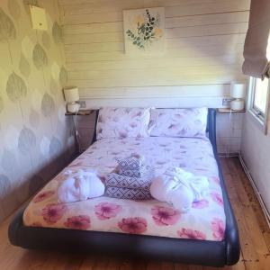 布德Ivy Rose Cabin with private hot tub的一张床上有三个枕头的房间
