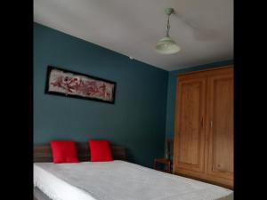 MillièresGîte de la Forge的一间拥有蓝色墙壁的卧室和一张带红色枕头的床