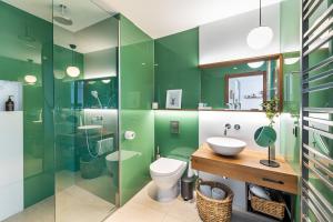 布拉格MOSAIC HOUSE Design Hotel的浴室设有绿色的墙壁、卫生间和淋浴。