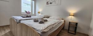杜伊斯堡ELENA flat Orchidee Duisburg Zentrum的一间卧室配有两张带毛巾的床