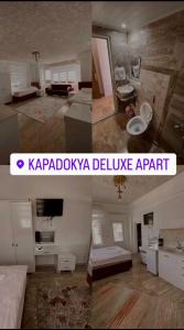 于尔居普KAPADOKYA DELUXE APART的客厅和浴室的两张照片
