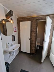 HedeSonfjällscampen的一间带水槽、镜子和卫生间的浴室