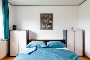 PreserjeGreen Point的一间卧室配有一张带蓝色床单和蓝色枕头的床。
