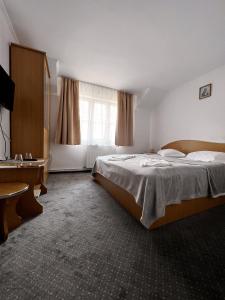 莱斯诺夫Pensiunea Folea Rasnov的配有一张床和一张书桌的酒店客房