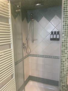 罗马安东内拉公寓的浴室里设有玻璃门淋浴