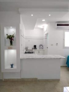 乌姆苏克Appartement Fethia的白色的厨房配有炉灶和台面