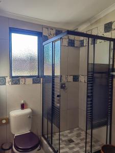 富里斯堡Ing at Sandstone的一间带卫生间和玻璃淋浴间的浴室