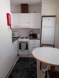HeinävesiLaaksotie的小厨房配有白色冰箱和桌子