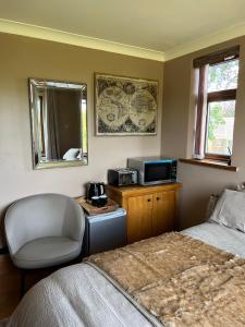 MartonCherry blossom lodge的一间卧室配有一张床、一把椅子和一台微波炉