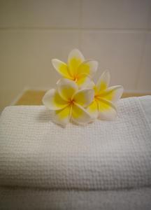 飞鱼湾Rumah Biru的坐在床上的白色和黄色花