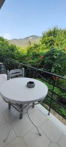 米蒂利尼Filoxenia Apartments的阳台上配有一张白色的桌子和两把椅子