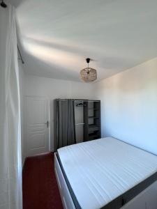 马赛Charmant séjour Marseillais的一间带一张床和吊灯的小卧室