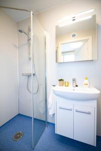 ØrskogSjøholt Sommerhotell的浴室配有白色水槽和淋浴。