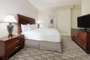 休斯顿休斯敦波斯特奥克希尔顿广场酒店 的配有一张床和一台平面电视的酒店客房