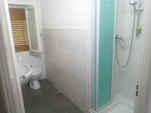 廖卢纳托Appartamento Riolunato (MO)的带淋浴、卫生间和盥洗盆的浴室