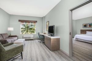 棕榈滩花园棕榈滩花园希尔顿花园酒店的酒店客房配有一张床和一张书桌及一台电视